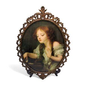 Victorian Girl Metal Oval PORTRAIT Ornate Wall Art Italian Vintage